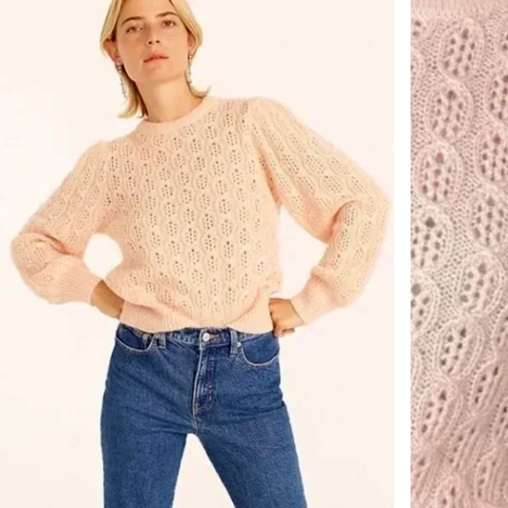 NEW J. Crew Balloon Sleeve Eyelet Cable Knit Sweater in Light Pink Alpaca Blend